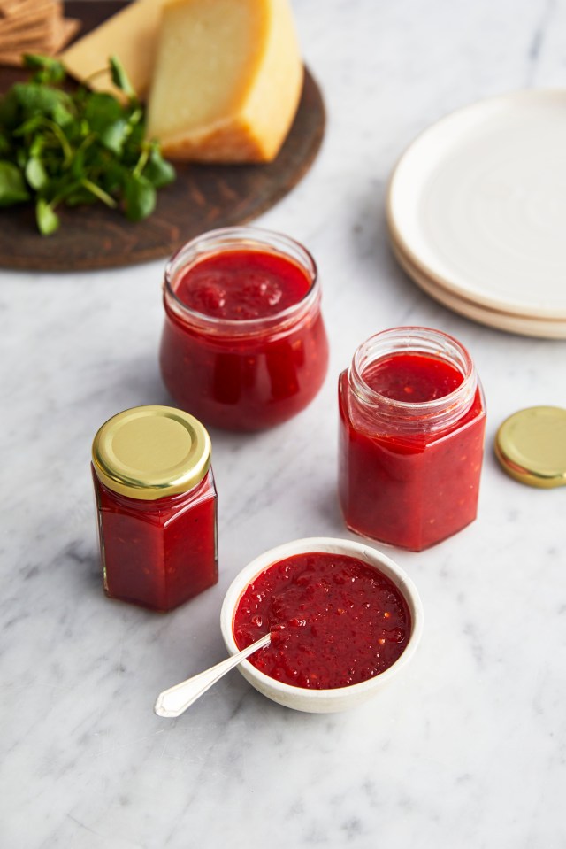 Chilli jam in jars, ready for gifting.