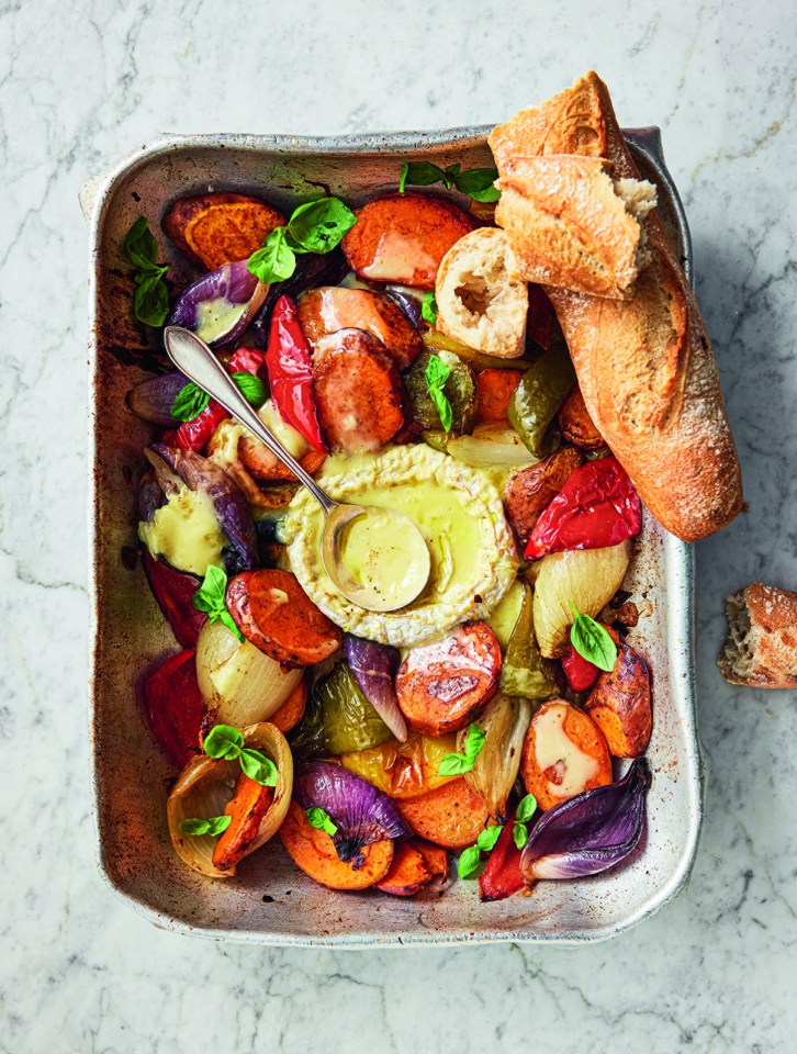 Baked Camembert with roasted vegetables and baguette.