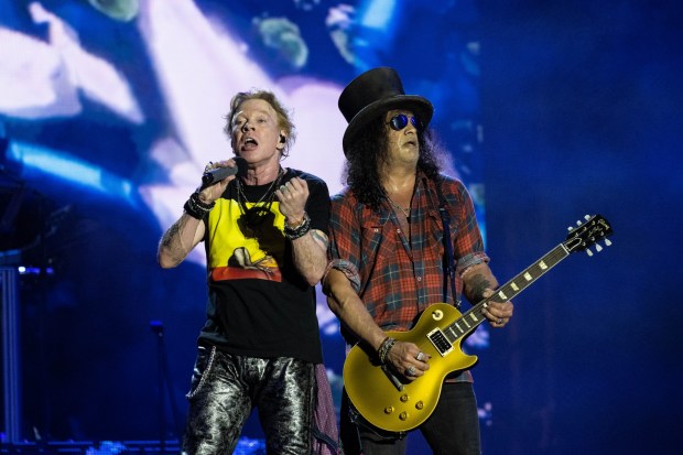 GLASTONBURY, ENGLAND - JUNE 24: Axl Rose and Slash from Guns N' Roses perform on The Pyramid Stage at Day 4 of Glastonbury Festival 2023 on June 24, 2023 in Glastonbury, England. (Photo by Harry Durrant/Getty Images)