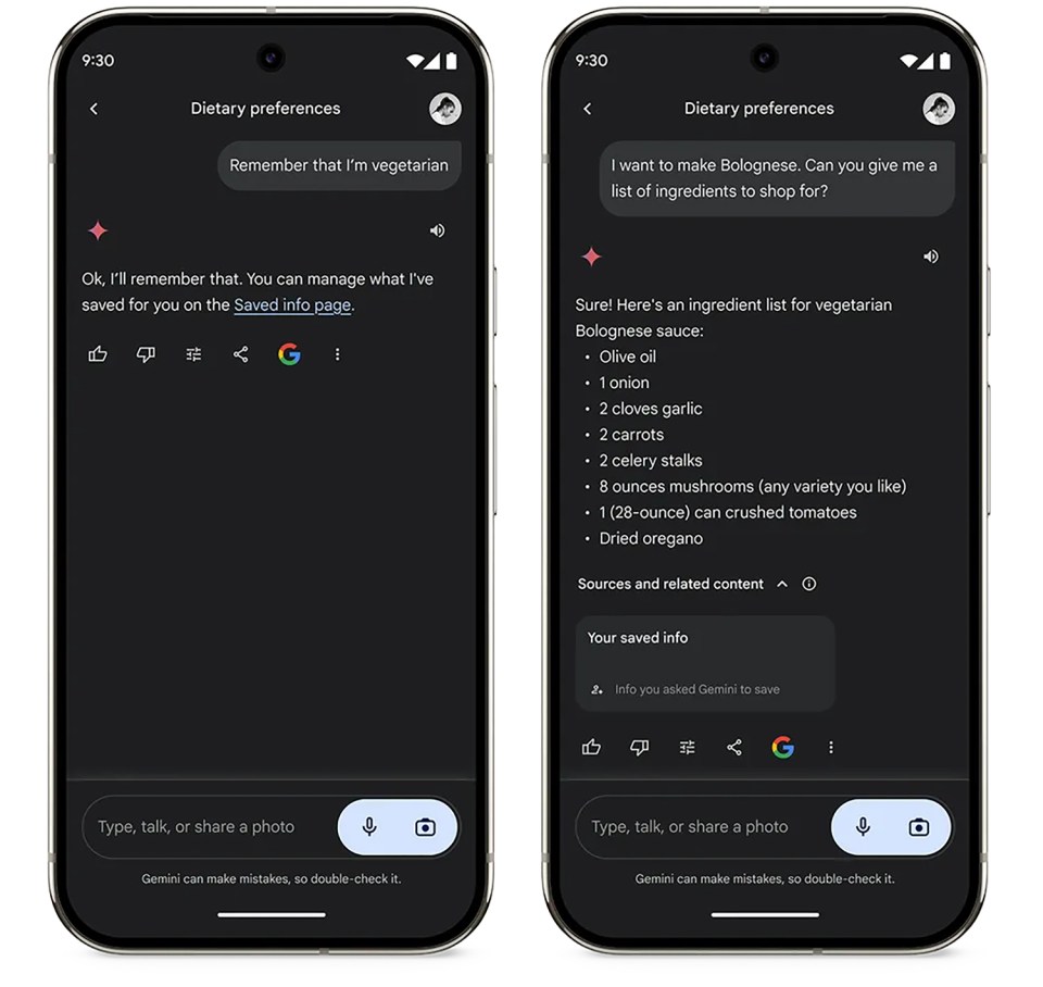 Google's Gemini can now save useful info about you – like what you like to eat