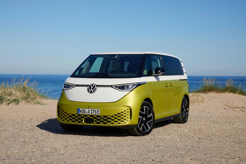 Volkswagen ID. Buzz electric van on a beach.