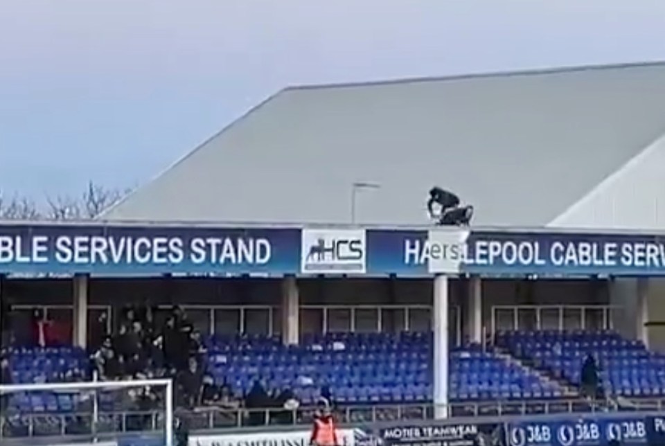 Hartlepool's clash with Yeovil was suspended after an ad board was blown loose