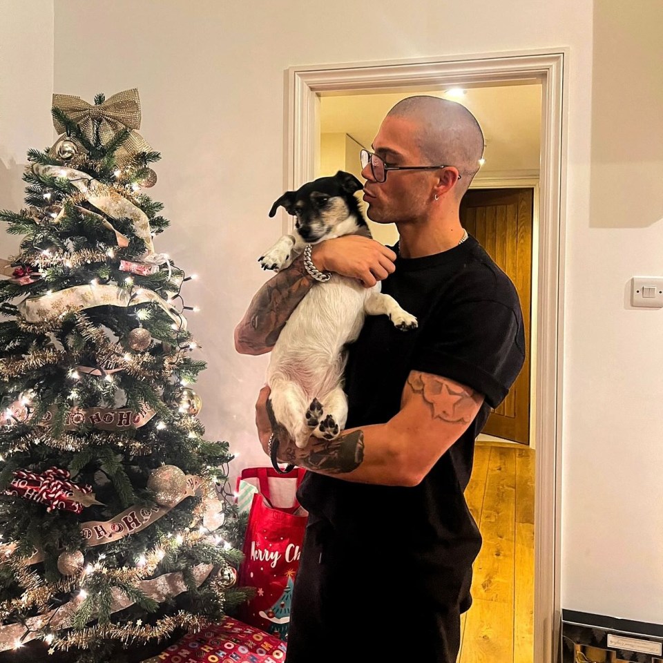 Max George holding his dog near a Christmas tree.