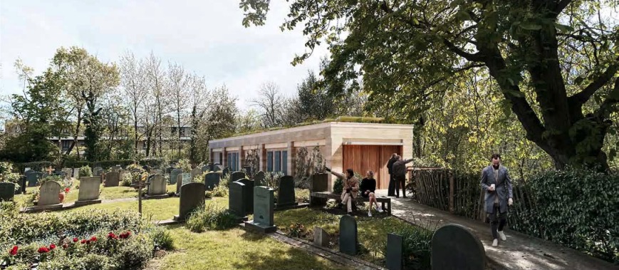 Rendered image of a new building in Highgate Cemetery.