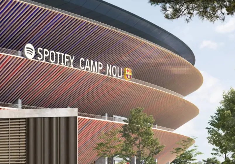 Renovated Spotify Camp Nou stadium exterior.