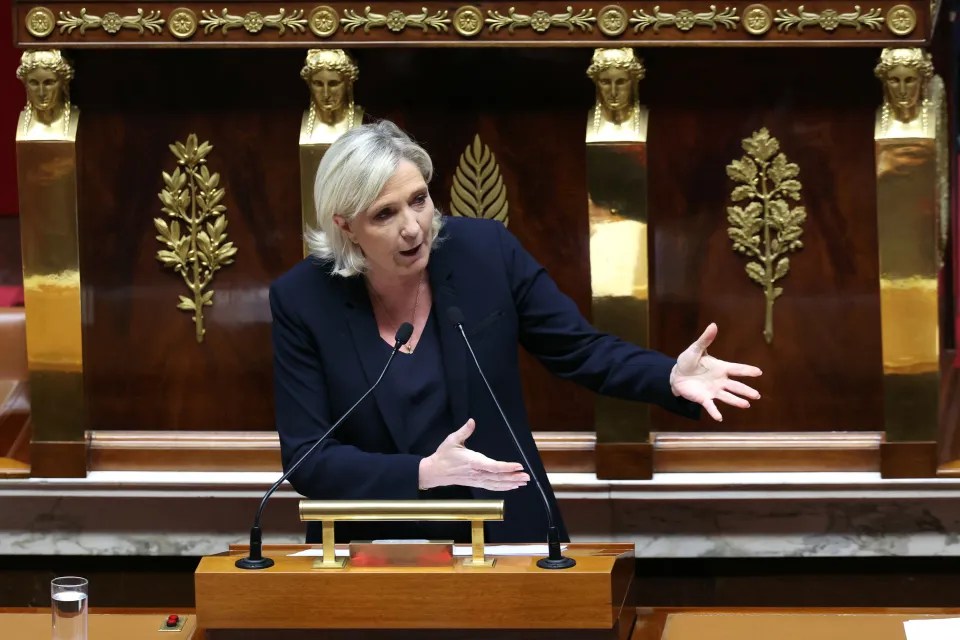 President of Rassemblement National parliamentary group Marine Le Pen speaks during last night's debate