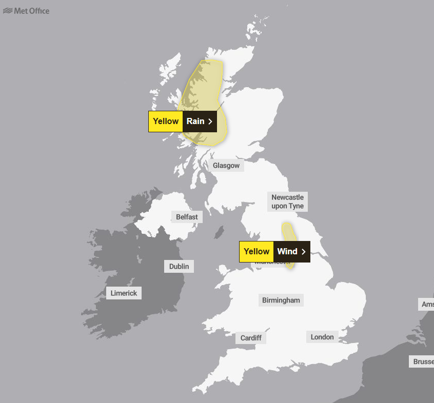 A yellow warning for rain is in place from 6pm today until 12pm on Tuesday