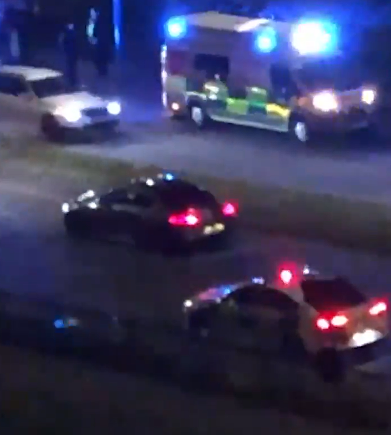 An ambulance and police cars on the road