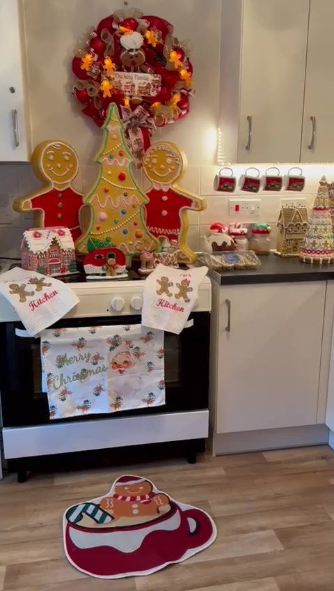 Even her kitchen is decked out in Christmas decor and plates and cups are all festive-themed