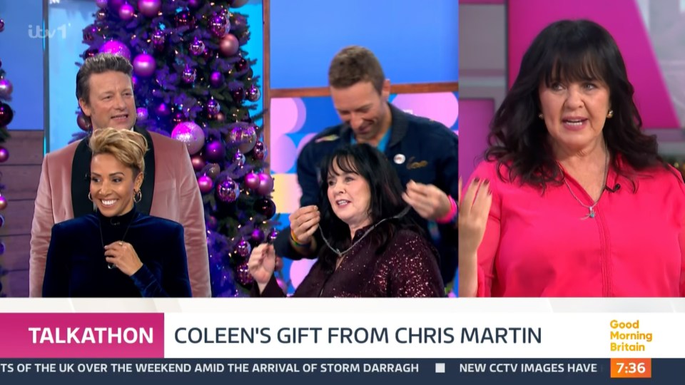 Coleen was delighted to be gifted a special necklace by Chris Martin in the studio