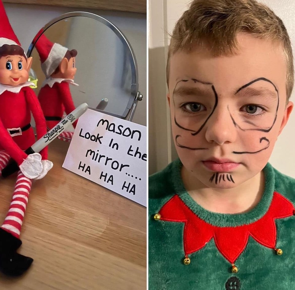 Elf on the shelf prank: boy with elf-drawn face.