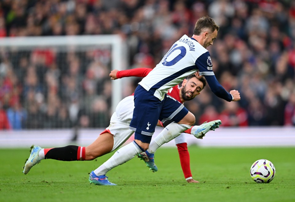 Fernandes was sent off for this challenge on James Maddison - but it was later rescinded