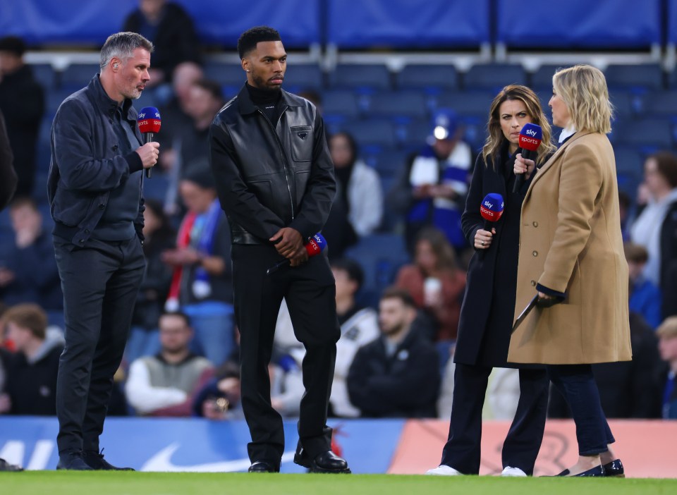 Jamie Carragher, Daniel Sturridge, Karen Carney, and Kelly Cates on Sky Sports at a Chelsea vs. Liverpool match.