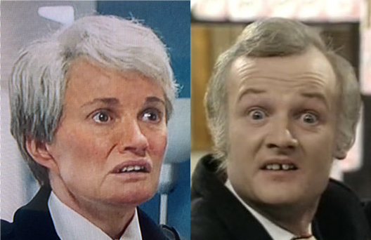 Sarah Parish as Julie Spry in Piglets and Are You Being Served?’s John Inman