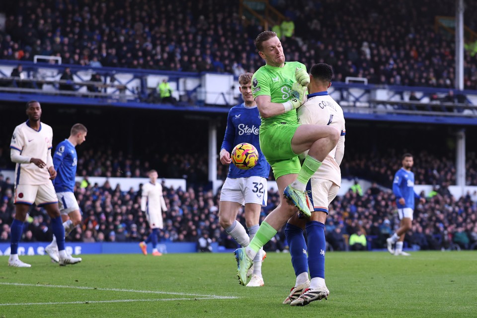 Everton goalkeeper Jordan Pickford clashed with Chelsea ace Levi Colwill