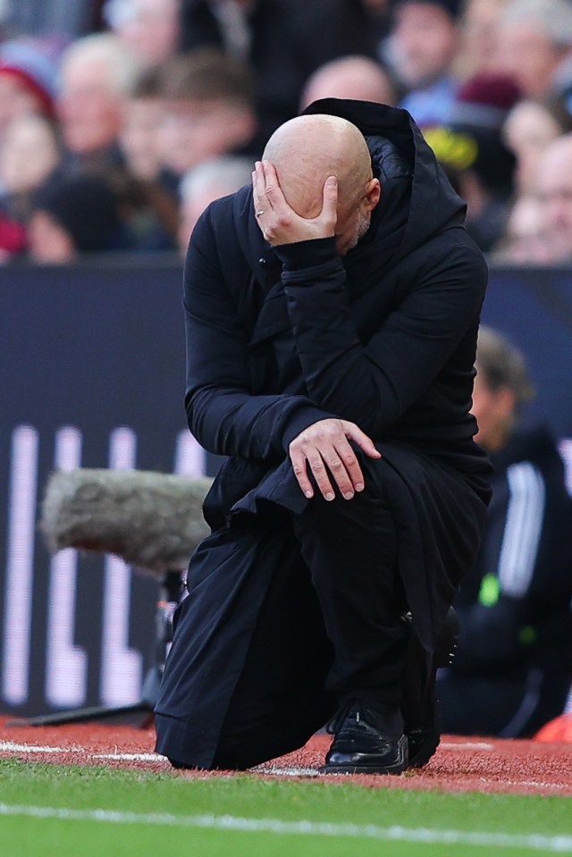 Pep Guardiola, manager of Manchester City, kneeling dejectedly.