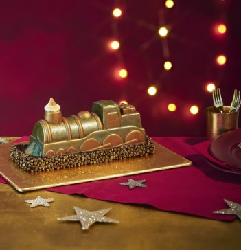 The chocolate train is filled with mousse and salted caramel and has a brownie base