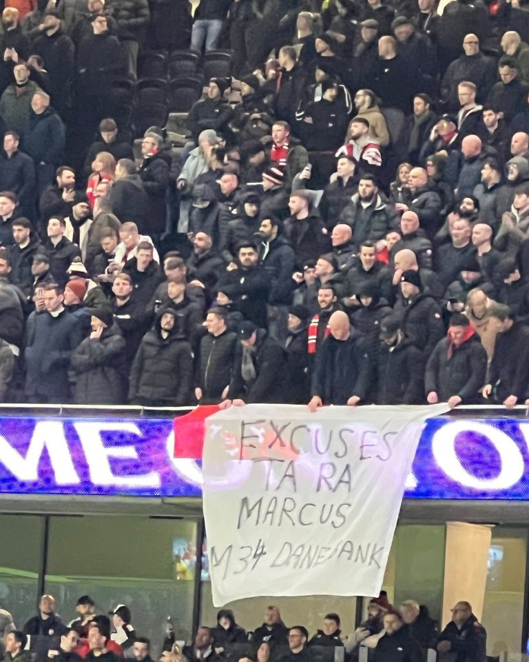 Manchester United fans and a Marcus Rashford banner v Tottenham Hotspur