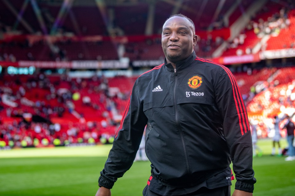 Benni McCarthy, Manchester United strikers coach, at Old Trafford.