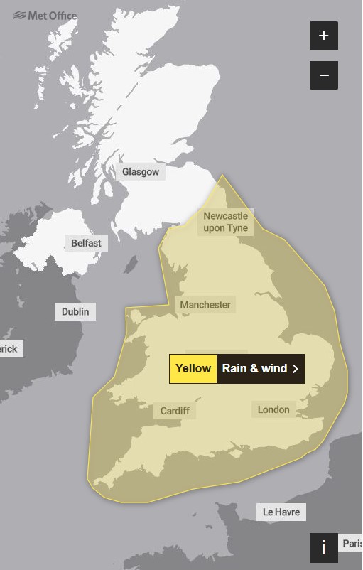 The Met Office yellow weather warning in place on Saturday and Sunday