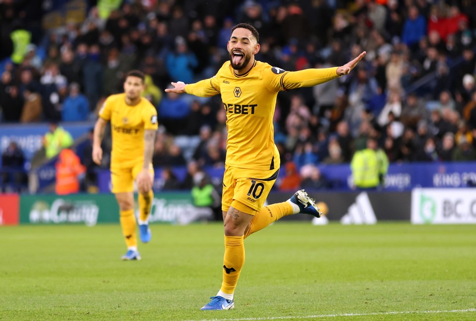 Matheus Cunha of Wolverhampton Wanderers celebrates scoring a goal.