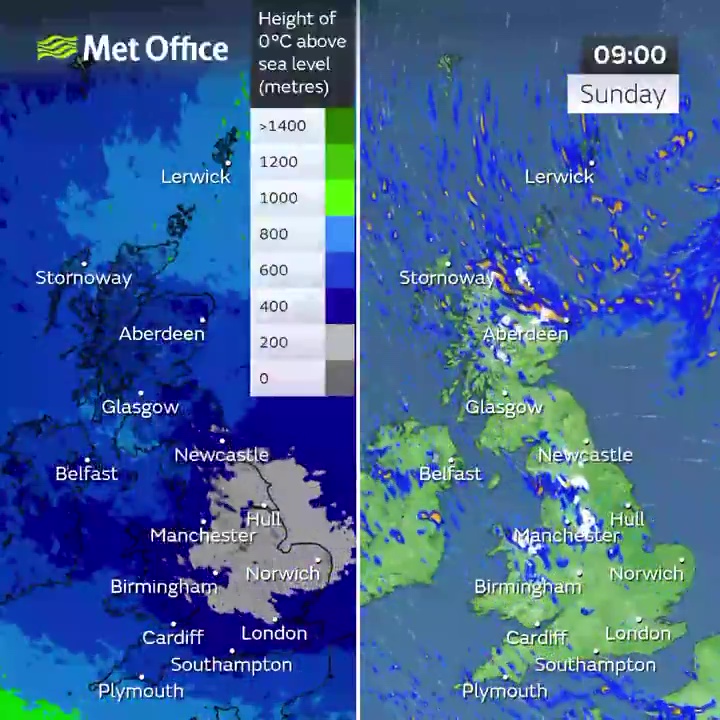 The cold snap will then spread further south on Sunday morning