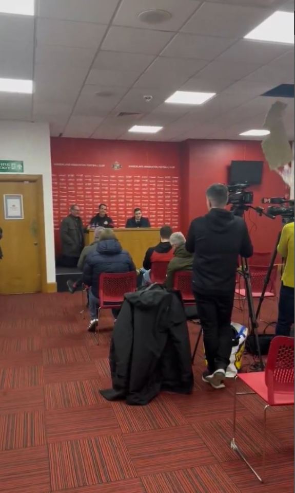 A ceiling panel caved in during Regis Le Bris' press conference