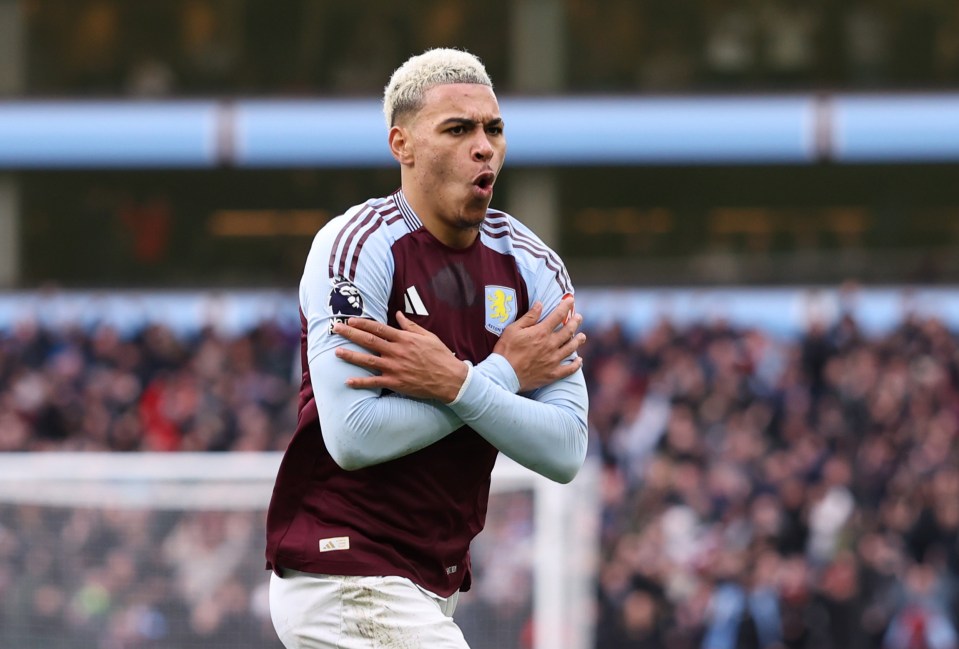 Morgan Rogers of Aston Villa celebrates scoring a goal.