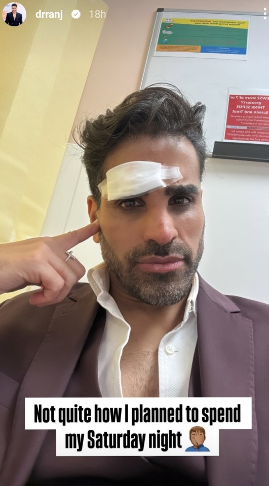 Dr Ranj Singh revealed a bandage after being given stitches on his forehead