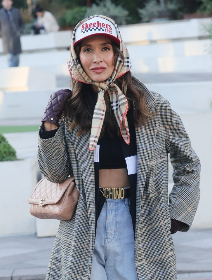 Myleene Klass gets wrapped up in a headscarf as she appears to be channelling the  Dot Cotton look