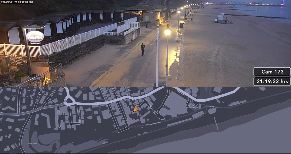 A CCTV grab allegedly showing Nasen Saadi walking along Durley Chine Beach in Bournemouth, and a map of the location underneath