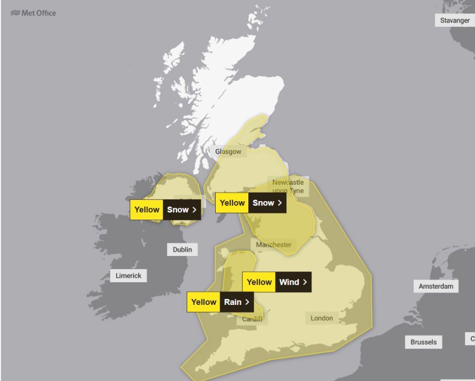 Multiple warnings are in place in the coming days (map shows January 1)