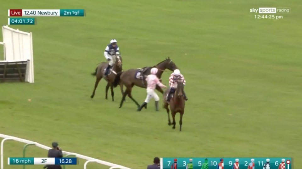 Horse race at Newbury, three horses nearing the finish line.