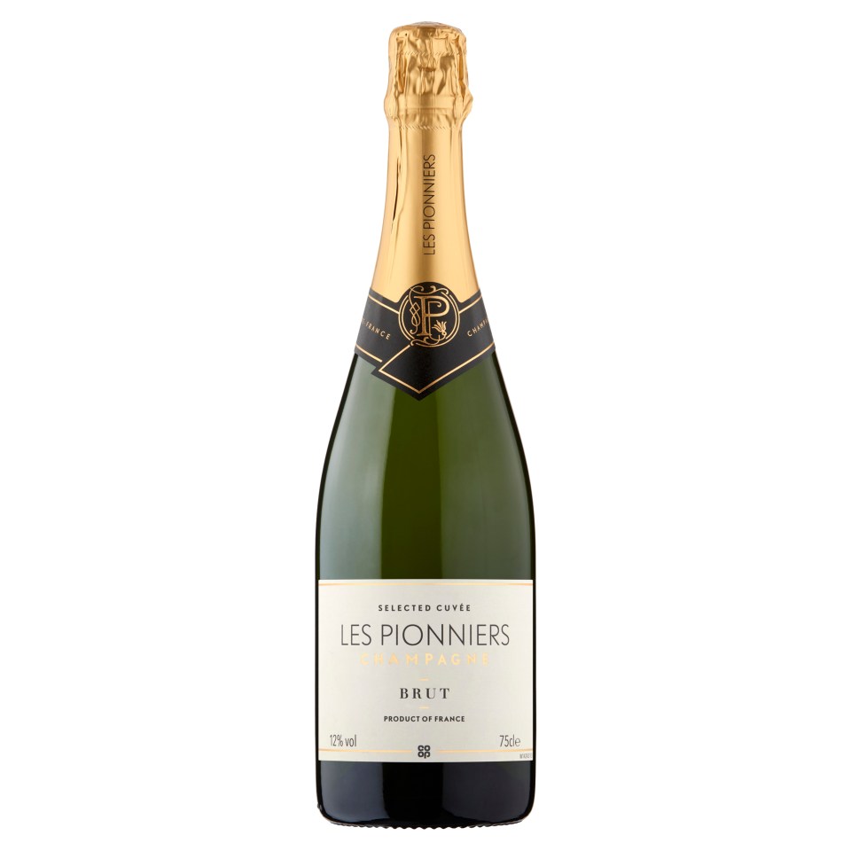 Bottle of Les Pionniers Brut Champagne.