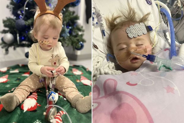 A split image showing a toddler, first wearing reindeer antlers near a Christmas tree, then in a hospital bed with medical equipment.