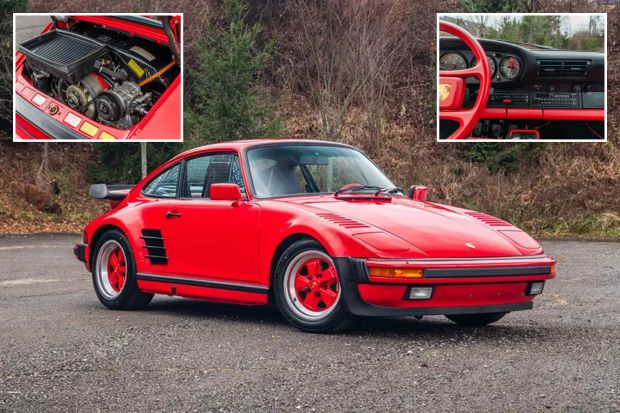 Red Porsche 911 Turbo with engine and interior details shown.