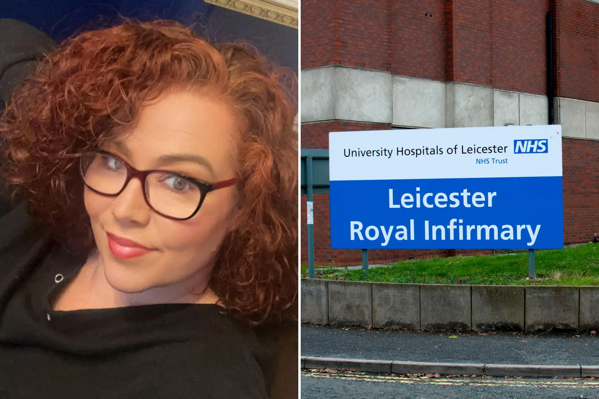 Woman and Leicester Royal Infirmary sign.