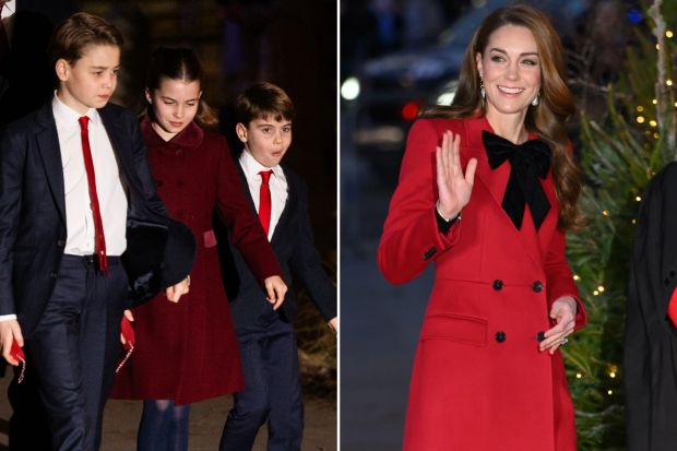 Kate Middleton waving, with Prince George, Princess Charlotte, and Prince Louis.