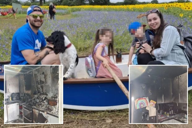 Family photo juxtaposed with images of their fire-damaged kitchen.