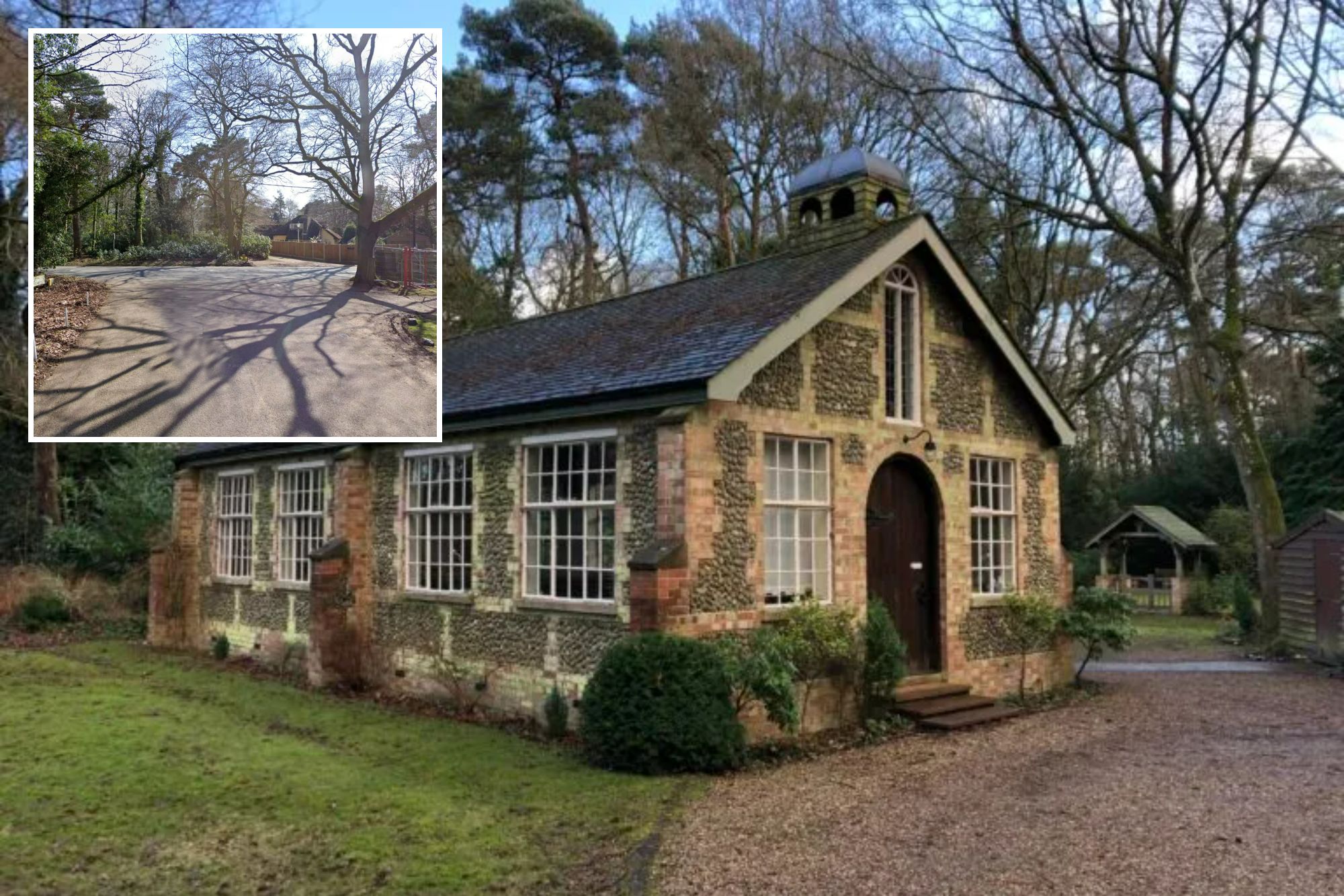 Stone building with a small bell tower, nestled in a wooded area, and a view of a tree-lined driveway.