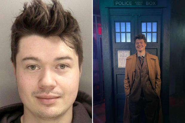 Mugshot and photo of a man dressed as the Doctor from Doctor Who.