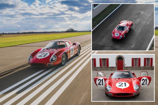 Collage of a red Ferrari 250 GTO race car, number 21, shown driving on a track and parked.