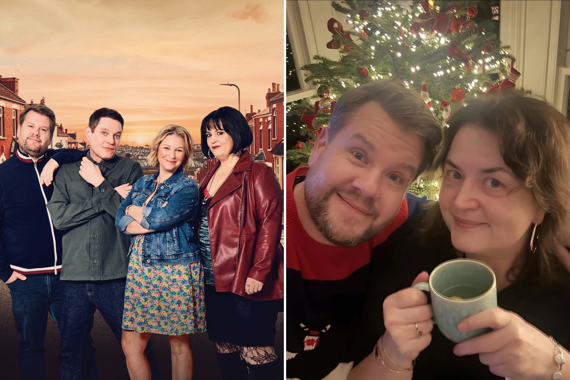 Promotional image of a TV show's cast alongside a festive photo of two people enjoying a drink by a Christmas tree.