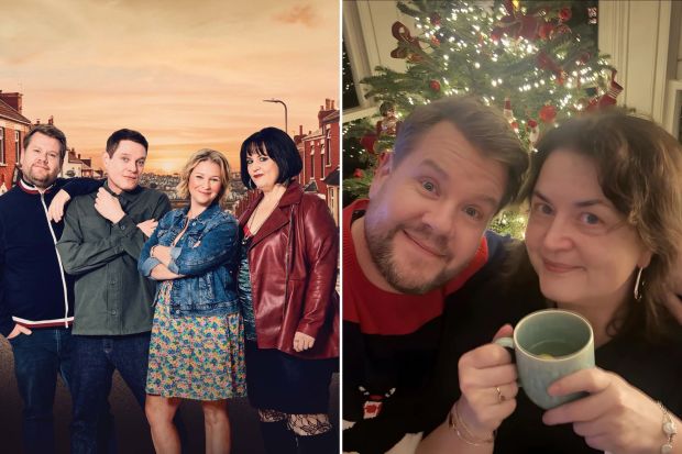 Promotional image of a TV show's cast alongside a festive photo of two people enjoying a drink by a Christmas tree.