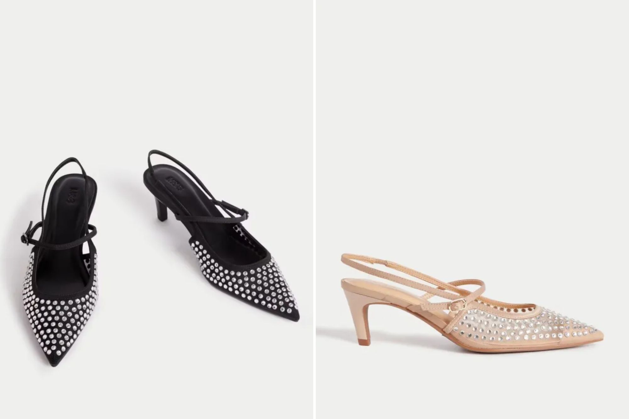 Two pairs of jeweled slingback heels; one black, one nude.