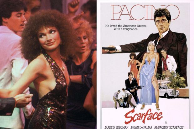 Collage of a woman in a sequined dress at a disco and the poster for the film *Scarface*.