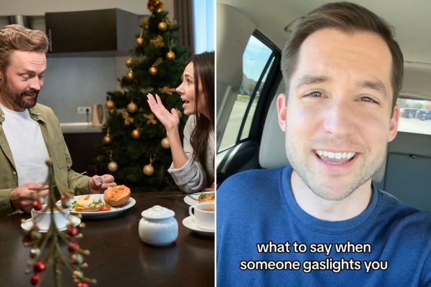 Couple arguing at Christmas dinner; man in car offers advice on handling gaslighting.