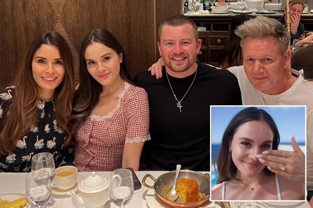 Group photo of four people at a restaurant, with a smaller inset photo of one of the women showing off an engagement ring.