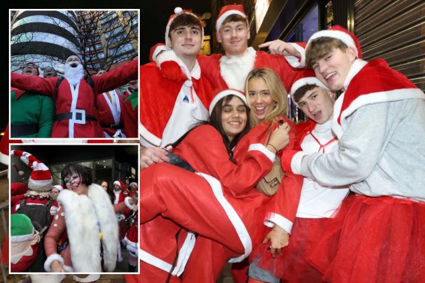 Collage of photos showing groups of people in Santa Claus and elf costumes.