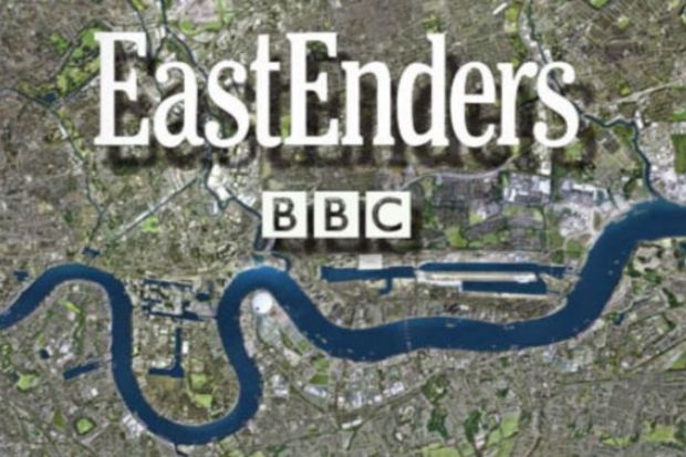 EastEnders BBC logo over a map of London.